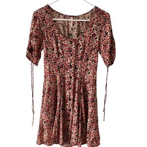 Free People Red‎ Floral Print Maxi Dress XS Lace Up Back Boho Prairie
